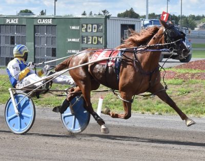 Kinnder High Class flying down the stretch for driver Pierre Luc Roy at H3R